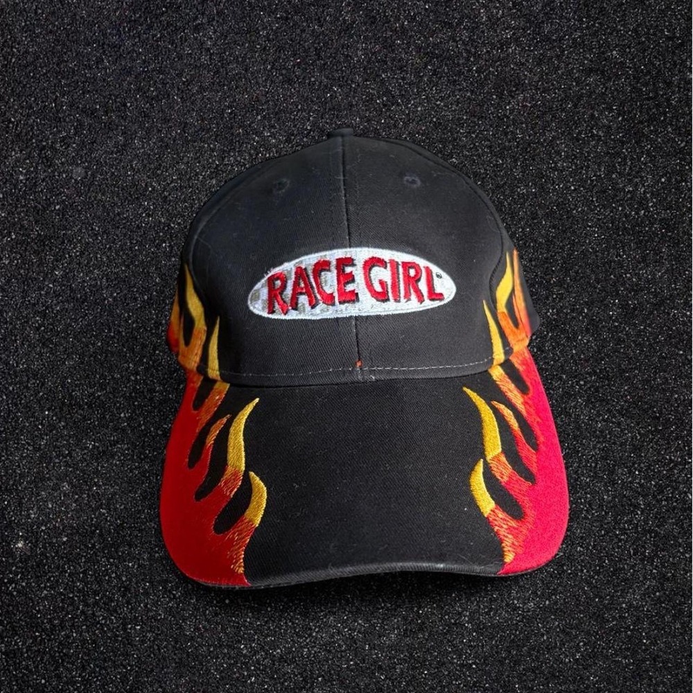RaceGirl Flame Baseball Hat Black Red Yellow Racing Fire Embroidered Strapback